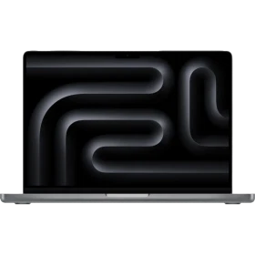 Apple MacBook Pro M3 14.2 inç gri laptop, önden açık görünüm ve siyah ekran üzerinde soyut desenli tasarım