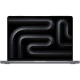 Apple MacBook Pro M3 14.2 inç gri laptop, önden açık görünüm ve siyah ekran üzerinde soyut desenli tasarım