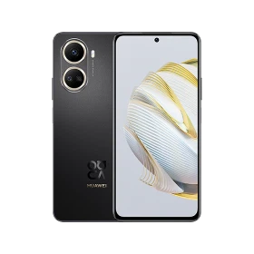 Siyah Huawei Nova 10 SE akıllı telefon, önden ekran ve arkadan çift kamera tasarımıyla vitrin görünümü