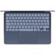 Apple MacBook Neo lacivert laptop, üstten görünümde klavye ve geniş trackpad detayıyla açık halde