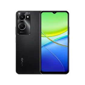 Vivo Y37 siyah akıllı telefon, çift arka kamera tasarımı ve geniş ekran ön yüz görünümü