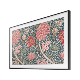Samsung 65LS03R Ultra HD 4K QLED televizyon ekranında canlı çiçek desenleri, genel siyah tasarım