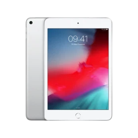 Apple iPad Mini 5 64 GB 4G gümüş tablet, ön ekranında saat görüntüsü bulunan cihaz.