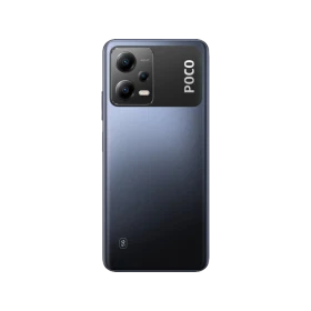 Siyah Poco X5 5G akıllı telefonun arka yüzü, geniş kamera modülü ve sade tasarımıyla önden görünüm