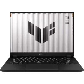 Asus TUF Gaming A14 FA401UH-RG010 koyu gri oyuncu laptop ekranında TUF logosu görünen vitrin görüntüsü