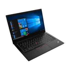 Siyah Lenovo ThinkPad E14 G7 21SX007DTX FR118 iş ve ofis laptopu, açık ekranlı önden çapraz görünüm
