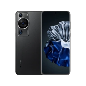 Huawei P60 Pro siyah akıllı telefon, ön ekran ve arka kamera modülüyle vitrin görünümü