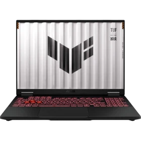 Asus TUF Gaming A16 FA608PP-QT031 siyah oyuncu laptop, kırmızı aydınlatmalı klavye ve ekranda TUF logosu
