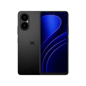 Omix O1 Neo siyah akıllı telefon, ön ekran ve arka çift kamera tasarımını gösteren vitrin görünümü