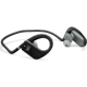 JBL Endurance JUMP Kablosuz siyah kulaklık, kulak kancaları ve bağlantı kablosuyla birlikte görünür.