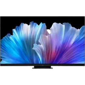 TCL 75C935 Ultra HD 4K LED televizyon; siyah çerçeveli ekranda canlı mavi-mor çiçek deseni.