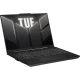 ASUS TUF Gaming F16 FX607VJA52-RL033A52 koyu gri oyuncu laptop, açık ekran ve RGB klavye görünüyor.