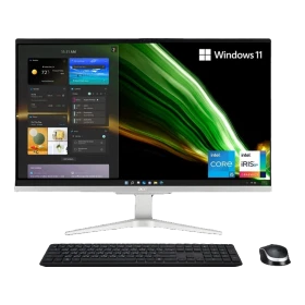 Acer AIO C27-1655 masaüstü bilgisayar, geniş ekranı, klavyesi ve faresiyle önden görünüm