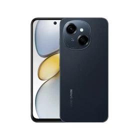 Tecno Spark GO 1 siyah akıllı telefonun ön ve arka yüzü, çift kamera modülüyle vitrin görünümü