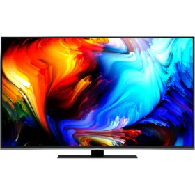 Arçelik A65L 9799 5B Quantum Ultra HD 4K LED televizyon, renkli ekranı ve ince siyah tasarımıyla önden görünüm