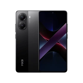 Siyah Poco X7 Pro akıllı telefon, ön ekranı ve çift arka kameralı şık tasarımıyla vitrin görünümü