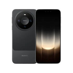 Huawei Mate 90 siyah telefonun ön ve arka yüzü, yuvarlak kameralı tasarımıyla birlikte gösteriliyor