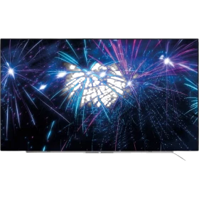 Beko B65 OLED 9793 5S Ultra HD 4K TV, siyah çerçeveli ekranında renkli ışık gösterisiyle görüntüleniyor