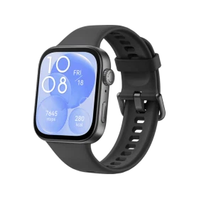 Huawei Watch Fit 3 gri akıllı saat, dikdörtgen ekranı ve silikon kordonuyla önden çapraz görünüm
