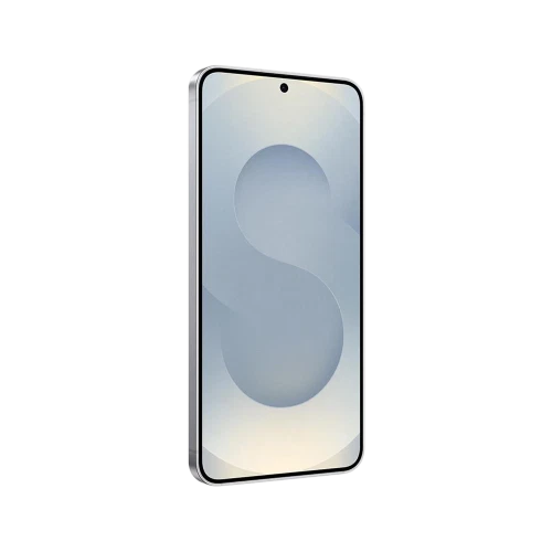 Gümüş Samsung Galaxy S25 akıllı telefon, önden görünüm; ince çerçeveli ekran ve ortada ön kamera deliği