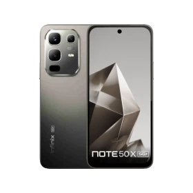 Siyah Infinix Note 50X akıllı telefon, ön ekran ve üçlü arka kamera tasarımıyla vitrin görünümü