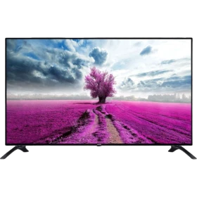 Vestel 49UD8800 Ultra HD 4K LED televizyon, siyah çerçeveli ekranında mor ağaçlı manzara gösteriyor.