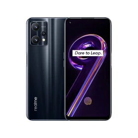 Realme 9 Pro siyah akıllı telefonun ön ve arka görünümü, delikli ekran ve üçlü kamera tasarımıyla