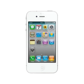 Beyaz Apple iPhone 4S akıllı telefonun önden görünümü, ana ekran uygulama ikonları açık vitrin çekimi