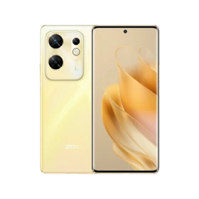 Infinix Zero 30 4G altın akıllı telefon, ön ve arka görünüm; delikli ekran ve üçlü kamera tasarımı