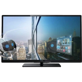 Philips 40PFL4418K LED Full HD FHD TV, şehir manzarası ekranı açık, genel siyah tasarımlı televizyon.