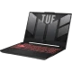 Asus TUF Gaming A15 2023 FA507NVR-LP030 koyu gri oyuncu laptop, kırmızı klavye ışıkları ve açık ekran görünümü DOS