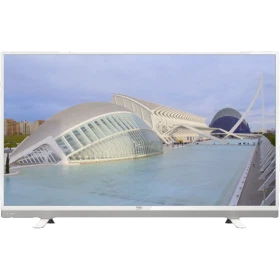 Beko B55 LW 8477 Full HD FHD TV, ince çerçeveli ekranında modern mimari ve su manzarası gösteriyor