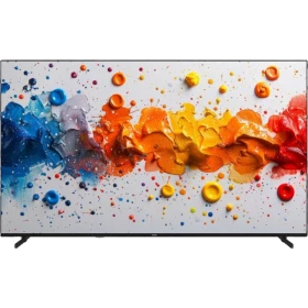 Vestel 75QG9840 Ultra HD 4K QLED televizyon, renkli soyut sanat görüntüsü ve ince siyah çerçevesiyle