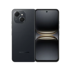 Tecno Spark 40 C siyah akıllı telefon, ön ekran ve çift kameralı arka tasarımın vitrin görünümü