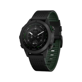 Garmin MARQ Golfer Gen 2 siyah karbon aktivite saati, delikli kayış ve golf özellikli yuvarlak ekran