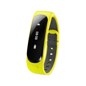 Huawei Talkband B1 sarı akıllı bileklik, siyah ekranı ve ayarlanabilir kayışıyla önden görünür