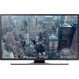 Samsung 40JU6470 Ultra HD 4K TV vitrin görseli; şehir manzaralı ekranda siyah ekran tasarımı