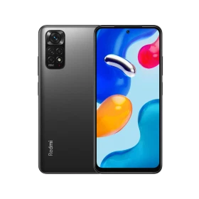 Xiaomi Redmi Note 11S siyah akıllı telefon, ön ekran ve arka çoklu kamera tasarımıyla vitrin görünümü