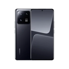 Siyah Xiaomi 13 Pro akıllı telefonun ön ve arka yüzü, Leica üçlü kamera sistemiyle birlikte.