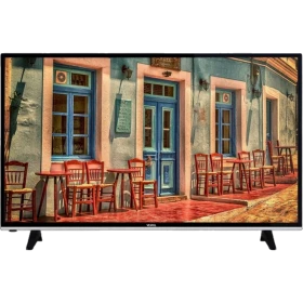 Vestel 50FD7000T Full HD LED televizyon, siyah çerçeveli ekranında renkli bir kafe sahnesi gösteriyor