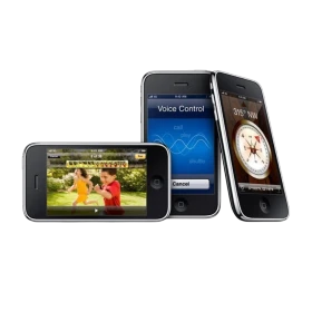 Siyah Apple iPhone 3GS akıllı telefon, ön yüzü ve ekranları farklı açılardan gösterilen üç cihazla sergileniyor
