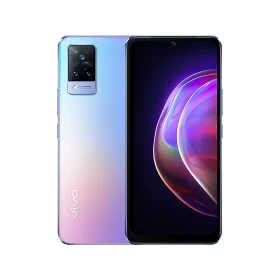 Vivo v21 mavi akıllı telefon, ön ekran ve arka yüz tasarımı, üçlü kamera modülüyle vitrin görünümü