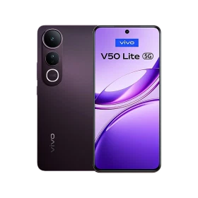 Vivo v50 Lite 5G siyah akıllı telefon, ön ekran ve arka çift kamera tasarımıyla vitrin görünümü
