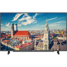 Grundig Munich 32 CLE 6845 AP Full HD LED televizyon, siyah çerçeveli ve şehir manzarası görüntülü
