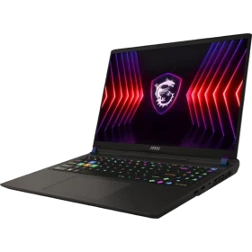 MSI Vector 16 HX A13VHG-495TR koyu gri oyuncu laptop; arkadan aydınlatmalı ekran ve renkli klavye.
