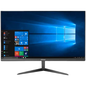 MSI PRO 24X 10M-015EU11 masaüstü bilgisayar, geniş ekranı ve ayaklı siyah tasarımıyla Windows masaüstünü gösteriyor