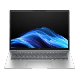 HP EliteBook 6 G1a 14 AI D36SZET gümüş iş laptopu, açık klavye ve mavi arka plan ekran görünümü