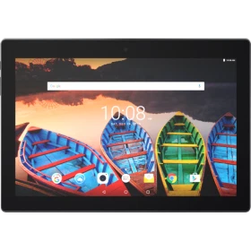 Lenovo TAB3 10 Plus siyah tablet; yatay ekranda uygulama simgeleri ve 10:08 saat görüntüsü