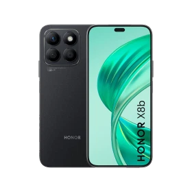Honor X8B siyah akıllı telefonun ön ve arka yüzü, ekran ve dörtlü kamera modülüyle vitrin görünümü