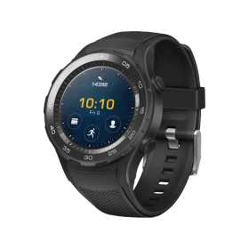 Huawei Watch 2 siyah akıllı saat, yuvarlak ekranı ve silikon kordonuyla önden üç çeyrek açıdan görünür.